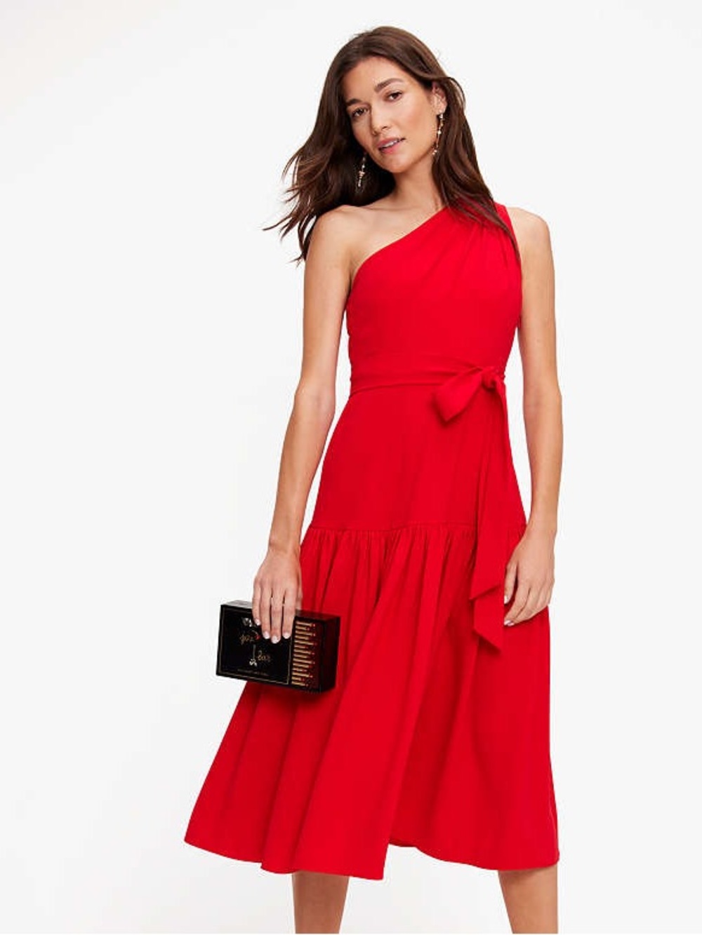 kate spade One-Shoulder Red Midi Dress with Waist Tie
